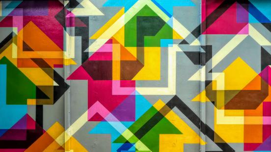 Tavar Zawacki mural of arrows at Wynwood Walls Outdoor Museum in Miami, Florida.